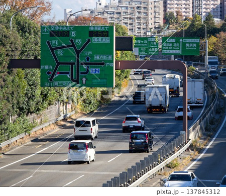 保土ヶ谷バイパスの案内標識と車両の走行風景・都市近郊の交通インフラを示す道路景観 137845312