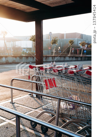 Shopping carts lined up in a quiet area during early morning light at a store Shopping carts lined up in a quiet area during early morning light at a store 137845414
