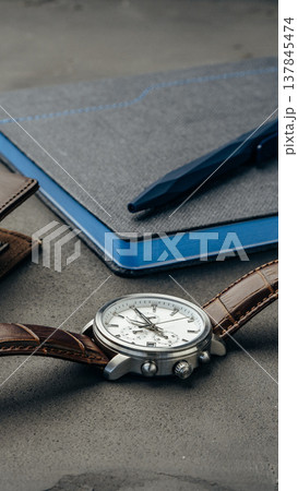 Elegant timepiece sits beside notebook and pen on a gray desk during the daytime Elegant timepiece sits beside notebook and pen on a gray desk during the daytime 137845474
