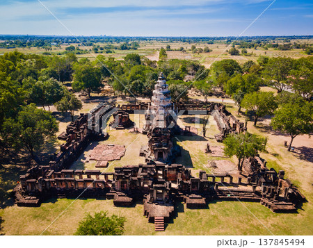 Ancient stone castle Wat Phnom Wan temple is Ancient historical sites of Korat city built in the 18th-19th Buddhist centuries, view from above located in Nakhon Ratchasima, Thailand Ancient stone castle Wat Phnom Wan temple is Ancient historical sites of Korat city built in the 18th-19th Buddhist centuries, view from above located in Nakhon Ratchasima, Thailand 137845494