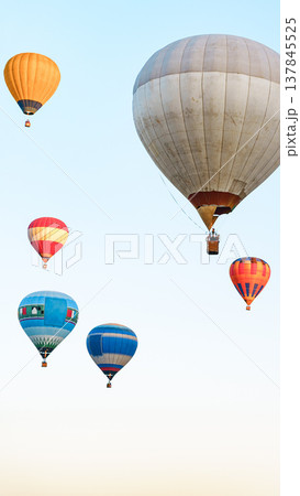 Hot air balloons float in the sky during a sunny morning at a festival event Hot air balloons float in the sky during a sunny morning at a festival event 137845525