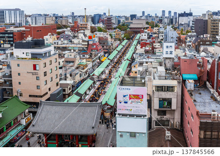 Top view of Asakusa area city landmark and Sensoji Temple, symbolized by large red lanterns, are a popular destination. 137845566