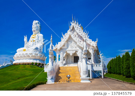 Landscape of Wat Huay Pla Kung temple with white temple and Statue of Guan Yin travel destination the famous place religious attractions of Chiang Rai province, Northern of Thailand. 137845579