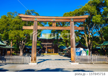 Meiji-jingu in Harajuku Tokyo, Japan. The shrine officially designated one of Kanpei-taisha, The Torii in nature Meiji-jingu in Harajuku Tokyo, Japan. The shrine officially designated one of Kanpei-taisha, The Torii in nature 137845718