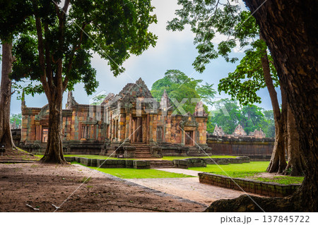 Fantastic archaeological site Prasat Muang Tam or Muang Tam castle near Prasat Phanomrung Historical Park at Buriram in Thailand. 137845722