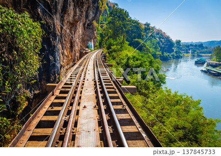The Death Railway crossing kwai river in Kanchanaburi Thailand. Important landmark and destination to visiting and world war II history builted 137845733