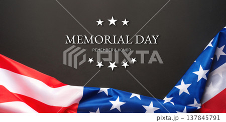 Black background with American flag. Memorial day. Website banner and greeting card design template. 137845791