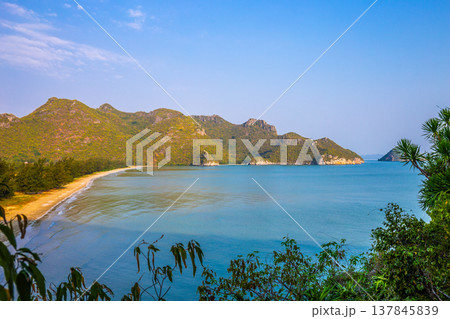 Panorama landscape of tropical island beach with mountain and blue sky background at Prachuap Khiri Khan Thailand. View point Panorama landscape of tropical island beach with mountain and blue sky background at Prachuap Khiri Khan Thailand. View point 137845839