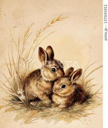 Two cute bunnies cuddling vintage rustic soft animal illustration artwork Two cute bunnies cuddling vintage rustic soft animal illustration artwork 137845951
