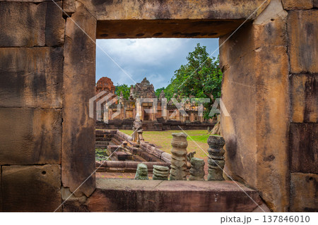 Fantastic archaeological site Prasat Muang Tam or Muang Tam castle near Prasat Phanomrung Historical Park at Buriram in Thailand. 137846010