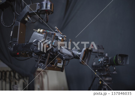 Professional Cinema Cameras on Robotic Stabilizer in Studio with Copy Space 137846035