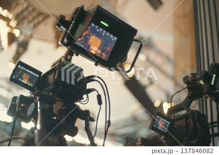 Professional Broadcast TV Cameras in Studio Recording Live Show with Copy Space 137846082