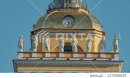 Golden Admiralty Tower Clock with Antique Statues in Saint Petersburg with copy space Golden Admiralty Tower Clock with Antique Statues in Saint Petersburg with copy space 137846095