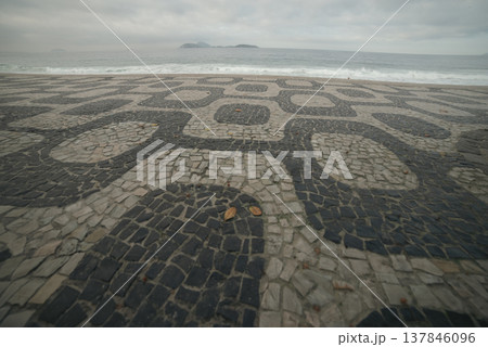 Iconic Geometric Mosaic Sidewalk at Ipanema Beach in Rio de Janeiro with copy space Iconic Geometric Mosaic Sidewalk at Ipanema Beach in Rio de Janeiro with copy space 137846096