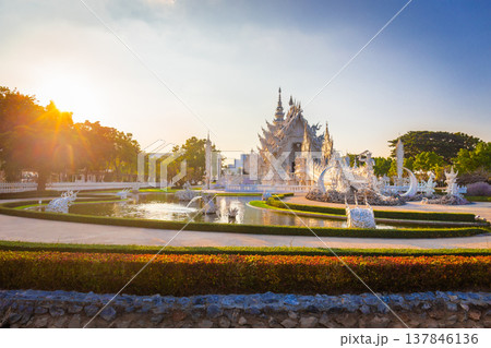 Beautiful and amazing white temple at Wat Rong Khun Chiang Rai, Thailand It is a tourist destination. Landmark of Chiang Rai Beautiful and amazing white temple at Wat Rong Khun Chiang Rai, Thailand It is a tourist destination. Landmark of Chiang Rai 137846136