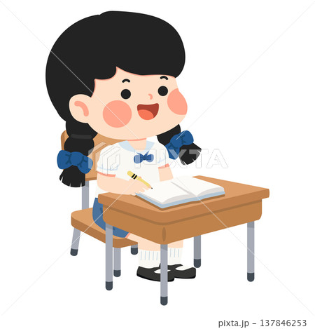 Girl Studying at Desk Focused Learning 137846253