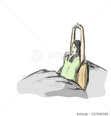 young woman waking up in the morning and stretching in bed illustration vector sketch with black lines young woman waking up in the morning and stretching in bed illustration vector sketch with black lines 137846366