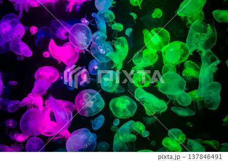 Many jellyfish change color according to the colorful light, very beautiful. Abstract copy space background Many jellyfish change color according to the colorful light, very beautiful. Abstract copy space background 137846491