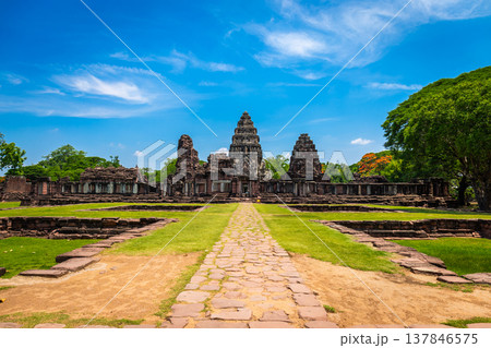 Landscape of Phimai Stone Castle in the historical park is an ancient castle built before Angkor Wat of Cambodia, located in Nakhon Ratchasima Province, Thailand. 137846575
