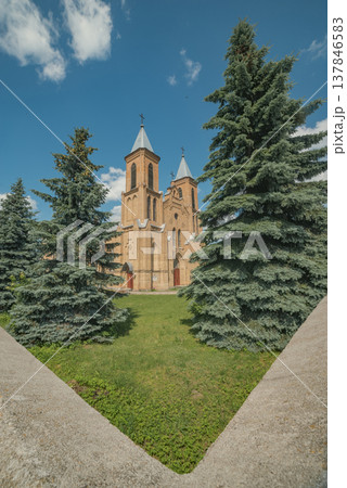 Wide angle Neo-Gothic Church in Traby with leading lines and copy space 137846583