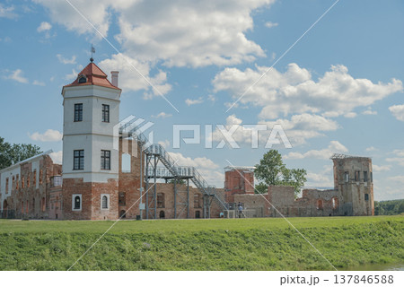Ruins of Halshany Castle with restored white tower and copy space Ruins of Halshany Castle with restored white tower and copy space 137846588