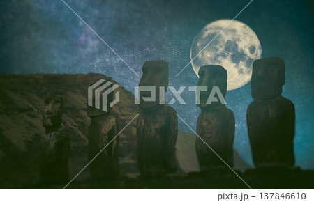 Ancient Moai Statues at Night under Full Moon and Milky Way with Copy Space Ancient Moai Statues at Night under Full Moon and Milky Way with Copy Space 137846610