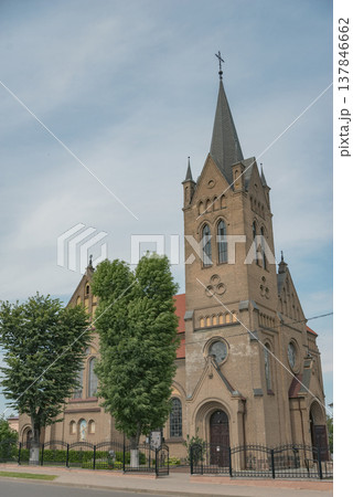 Neo-Gothic Holy Cross Exaltation Church in Vileyka with copy space Neo-Gothic Holy Cross Exaltation Church in Vileyka with copy space 137846662