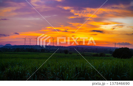 Landscape Panorama of Windmill on a mountain with vast meadows at sunset, beautifully illuminated. 137846690