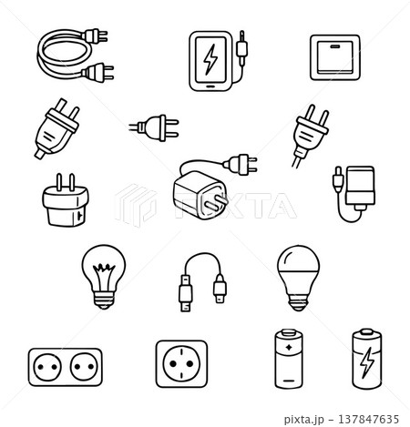 A set of doodle elements: electrical outlet, battery, extension cord, batteries, light bulbs, power cable, and charger. Vector image. A set of doodle elements: electrical outlet, battery, extension cord, batteries, light bulbs, power cable, and charger. Vector image. 137847635