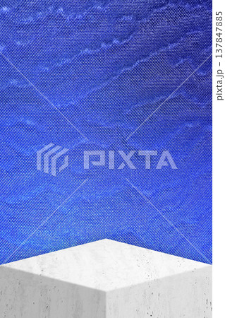 Minimalist white marble display with blue LED wall with water wave 137847885