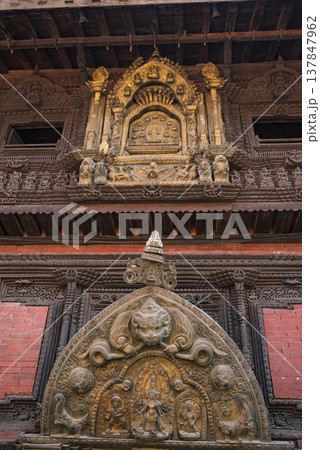 Golden Window and Carved Torana at Patan Museum Nepal with Copy Space 137847962