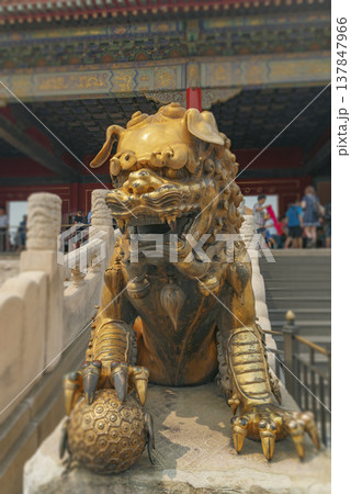 conic Gilded Imperial Lion at the Forbidden City Beijing with Copy Space 137847966