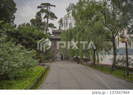 Quiet Alley with Traditional Pavilion in Beijing Beihai Park with copy space Quiet Alley with Traditional Pavilion in Beijing Beihai Park with copy space 137847984