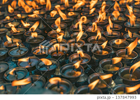 Traditional Burning Oil Butter Lamps in Nepal Temple with Copy Space Traditional Burning Oil Butter Lamps in Nepal Temple with Copy Space 137847993
