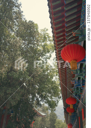 Festive Red Lanterns under Ornate Temple Roof in Shaolin with copy space Festive Red Lanterns under Ornate Temple Roof in Shaolin with copy space 137848002
