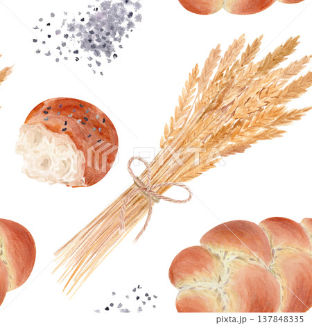 Seamless watercolor bakery pattern with braided bread, torn poppy seed bun. Hand painted baked goods. wheat sheaf. Rustic repeating food background for bakery packaging, textile, menu, kitchen design Seamless watercolor bakery pattern with braided bread, torn poppy seed bun. Hand painted baked goods. wheat sheaf. Rustic repeating food background for bakery packaging, textile, menu, kitchen design 137848335