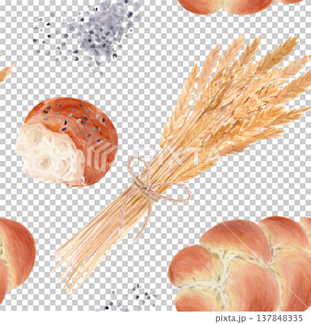 Seamless watercolor bakery pattern with braided bread, torn poppy seed bun. Hand painted baked goods. wheat sheaf. Rustic repeating food background for bakery packaging, textile, menu, kitchen design Seamless watercolor bakery pattern with braided bread, torn poppy seed bun. Hand painted baked goods. wheat sheaf. Rustic repeating food background for bakery packaging, textile, menu, kitchen design 137848335