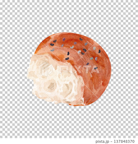 Torn bread bun with poppy seeds, watercolor illustration. Hand painted food isolated on white background. Fresh pastry realistic baked bread roll for menu, packaging, bakery design, food illustration Torn bread bun with poppy seeds, watercolor illustration. Hand painted food isolated on white background. Fresh pastry realistic baked bread roll for menu, packaging, bakery design, food illustration 137848370