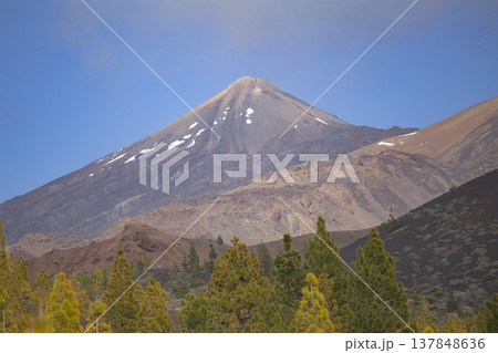 Iconic peak of Mount Teide volcano with snow and pine forest with copy space in sky Iconic peak of Mount Teide volcano with snow and pine forest with copy space in sky 137848636