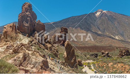 Tourists Walking on Roques de Garcia Trail in Teide National Park, Tenerife with Copy Space Tourists Walking on Roques de Garcia Trail in Teide National Park, Tenerife with Copy Space 137848662