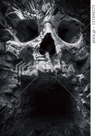 Optical Illusion Giant Human Skull Shaped Cave Entrance with Copy Space Optical Illusion Giant Human Skull Shaped Cave Entrance with Copy Space 137848775