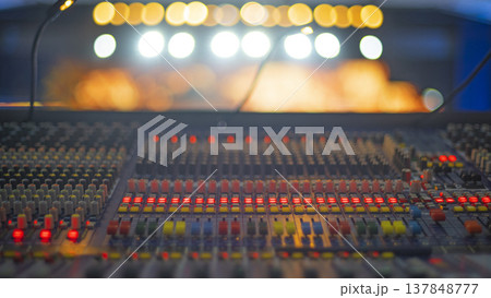 Professional Soundboard Mixing Console at Live Concert with Stage Lights and Copy Space 137848777