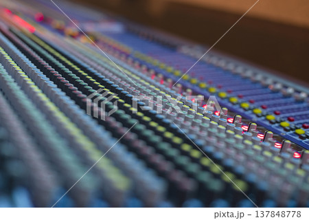 Professional Audio Mixing Console with Glowing Indicators and Copy Space for Music Production 137848778