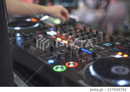 Close up of DJ Hand Operating Professional Audio Mixer with Bokeh Copy Space 137848792