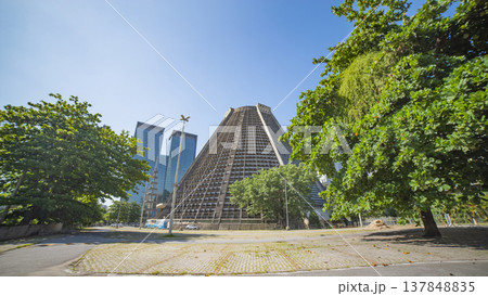 Modern Metropolitan Cathedral and Skyscrapers in Rio de Janeiro with Blue Sky Copy Space Modern Metropolitan Cathedral and Skyscrapers in Rio de Janeiro with Blue Sky Copy Space 137848835