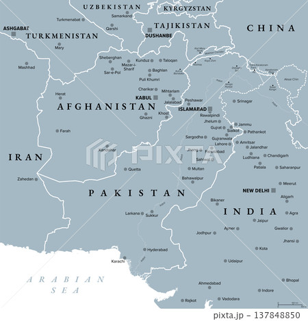 Afghanistan and Pakistan, South Asia, gray political map with international borders, capitals, largest cities, with Wakhan Corridor in the Hindu Kush, Kashmir region, and other claimed regions. Vector Afghanistan and Pakistan, South Asia, gray political map with international borders, capitals, largest cities, with Wakhan Corridor in the Hindu Kush, Kashmir region, and other claimed regions. Vector 137848850