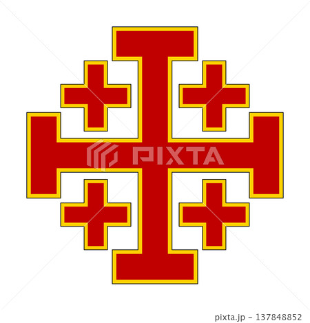 Colored Jerusalem cross, five-fold Cross, or also cross-and-crosslets. A Christian cross used in heraldry, consisting of a large cross potent surrounded by 4 small Greek crosses. Illustration. Vector Colored Jerusalem cross, five-fold Cross, or also cross-and-crosslets. A Christian cross used in heraldry, consisting of a large cross potent surrounded by 4 small Greek crosses. Illustration. Vector 137848852