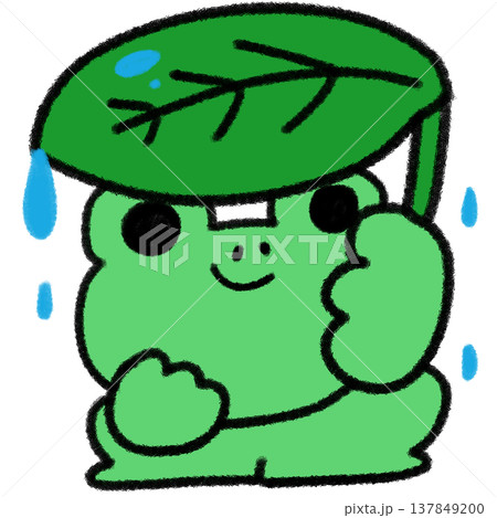 雨の中で葉っぱの傘をさすカエルの手描きイラスト 137849200