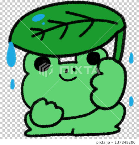 雨の中で葉っぱの傘をさすカエルの手描きイラスト 137849200