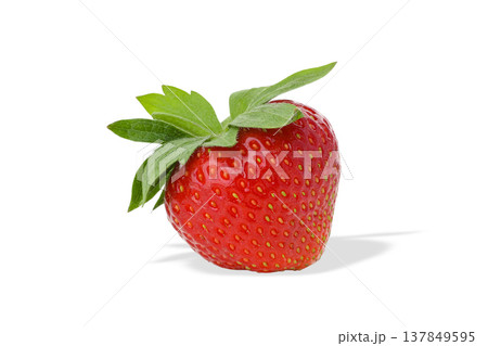 Bright red strawberry with green leaves stands out, PNG 137849595